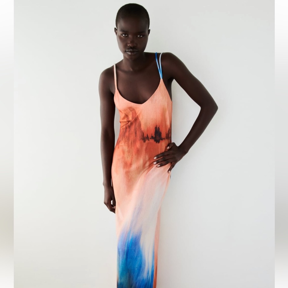 Zara Printed Strappy Dress, blue and orange, NWT, Small